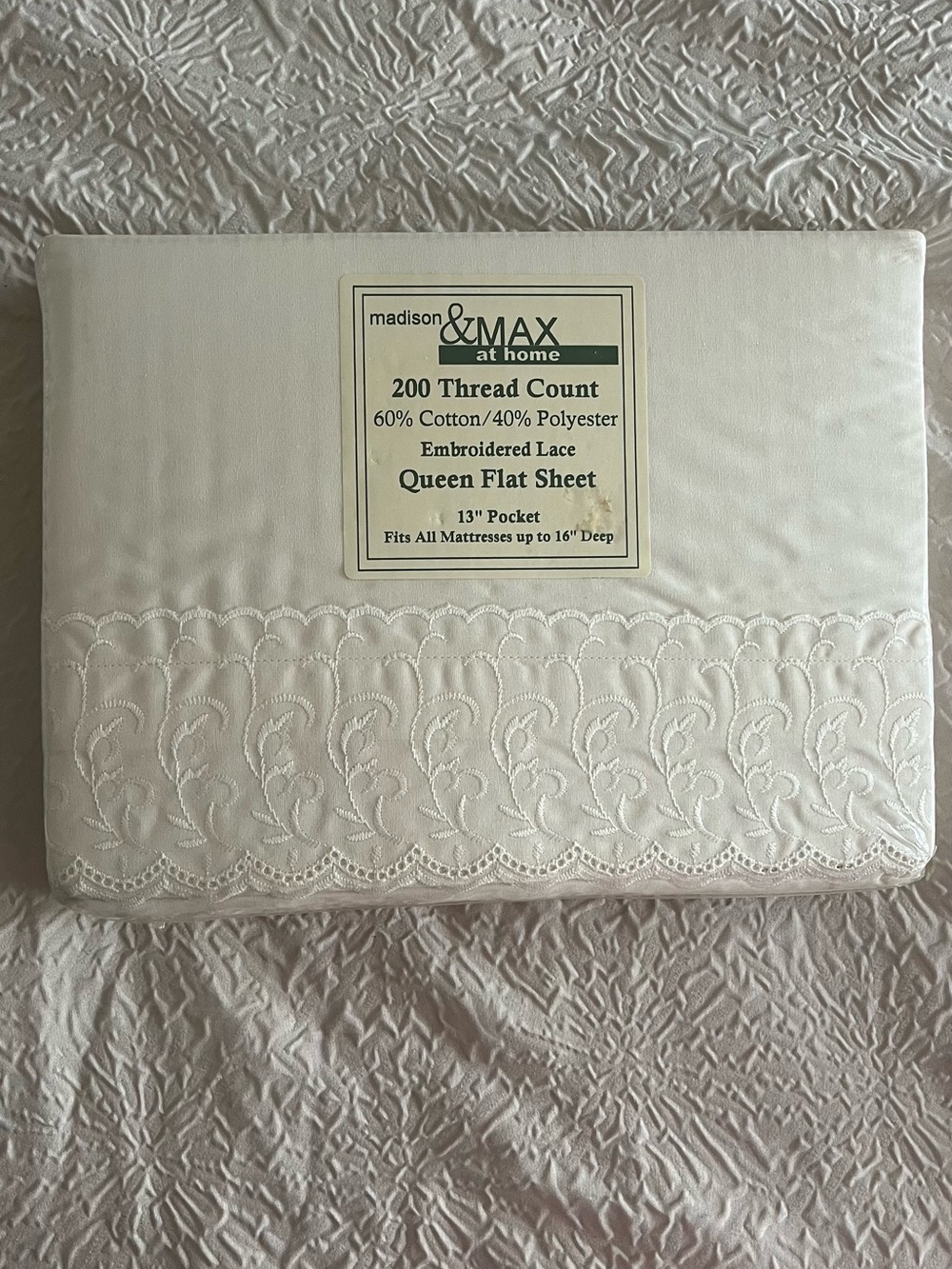 Madison Queen Flat Sheet with Embroidered Lace - White